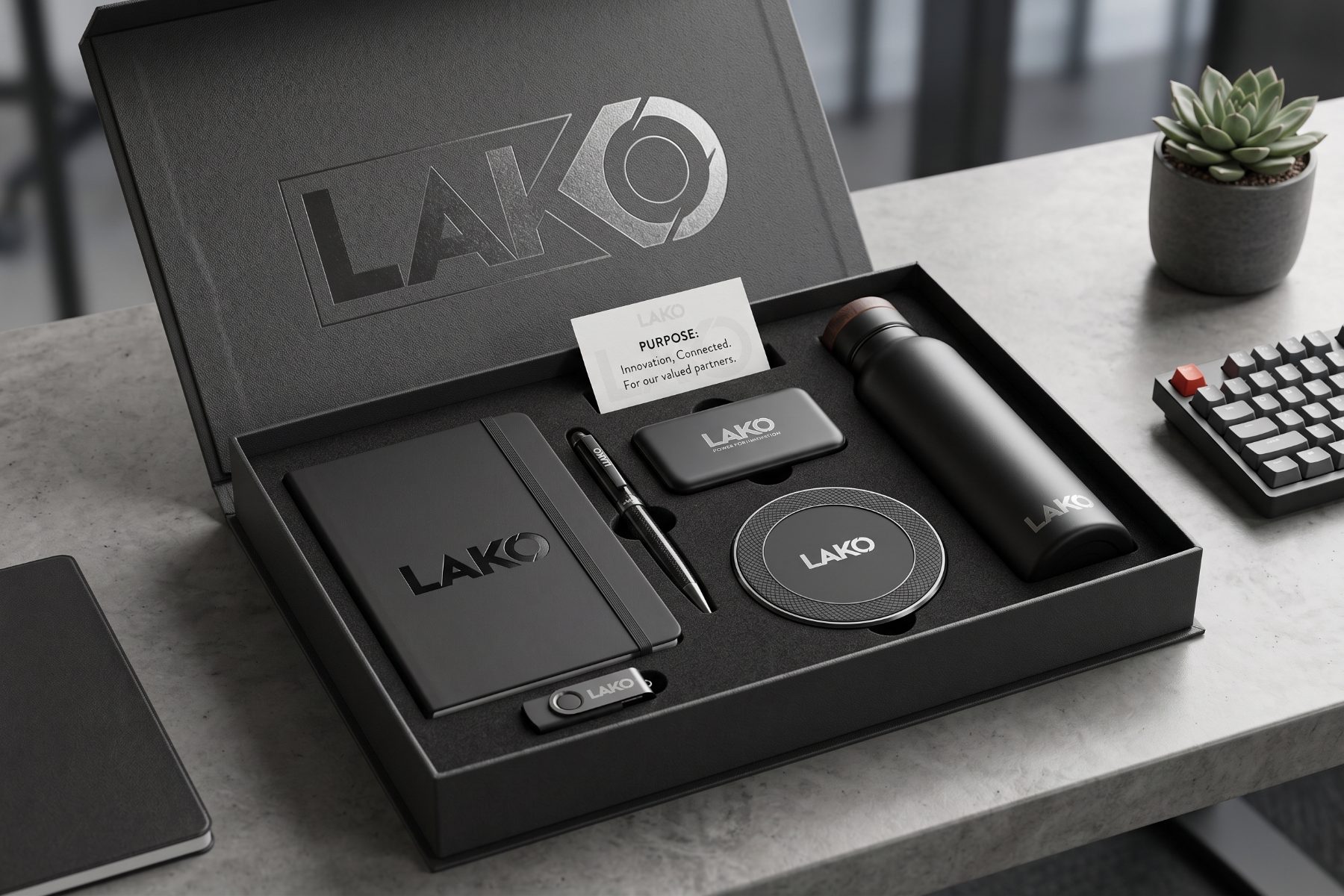 Bloknot, termos, ruchka, powerbank va USB xotira solingan ochiq sovgʻa qutisi